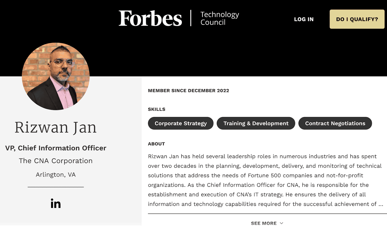A Forbes Council author page featuring an expert's headshot, membership details, skills, and bio.