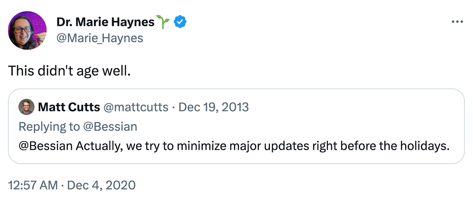 Dr. Marie Haynes tweet about the December 2020 Google update