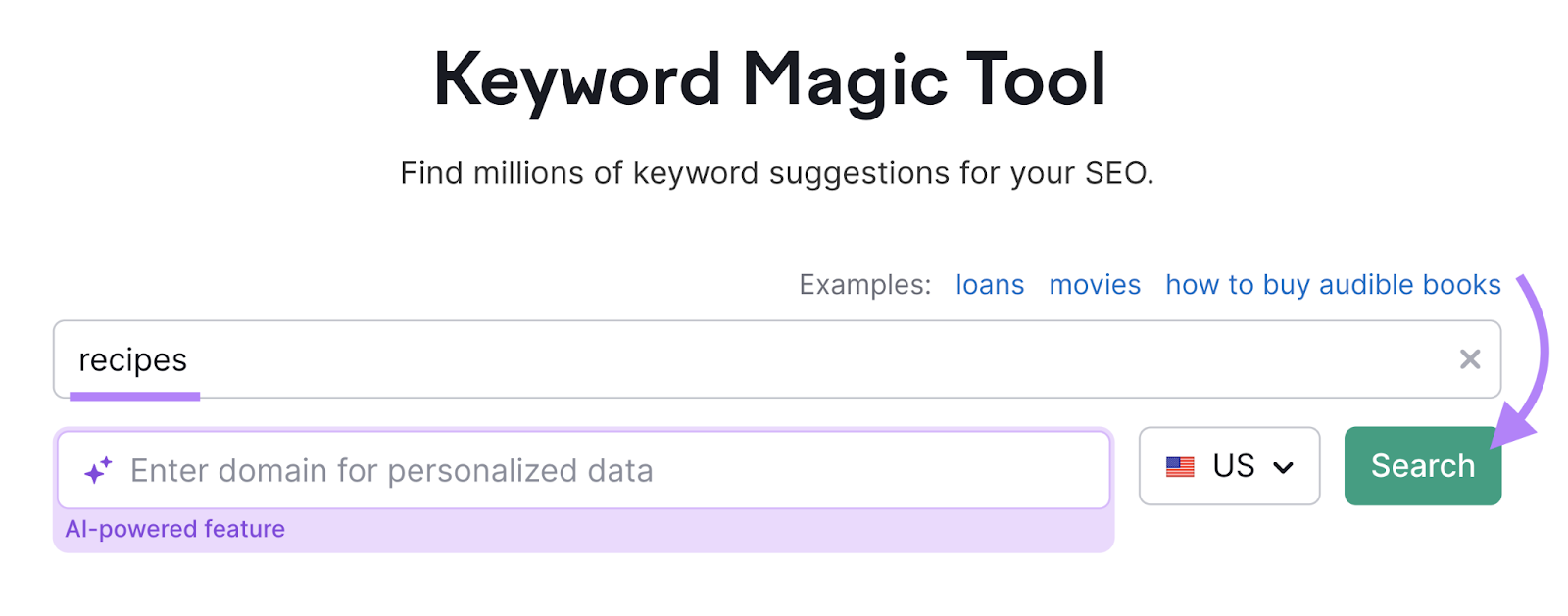 keyword "recipes" entered into Keyword Magic Tool