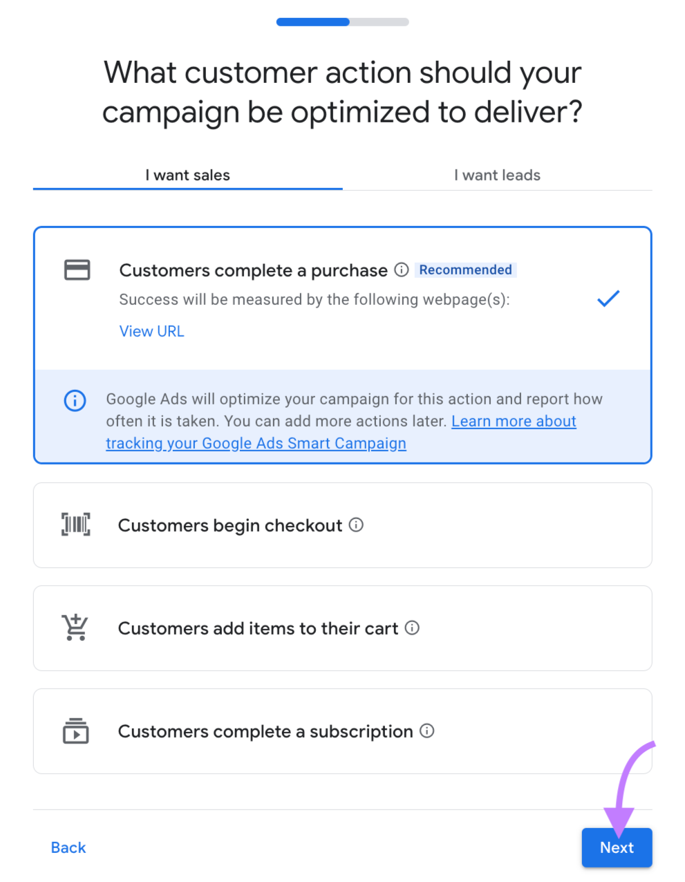 "What customer action should your campaign be optimized to deliver?" screen