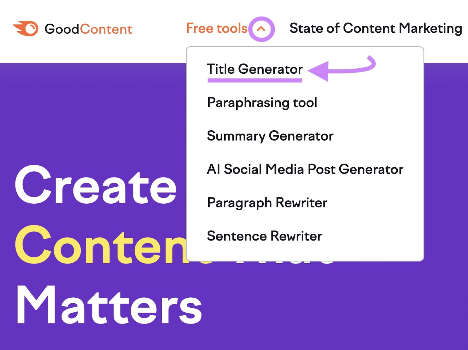 "Title Generator" selected from the "Free tools" drop-down menu on Google Content Hub
