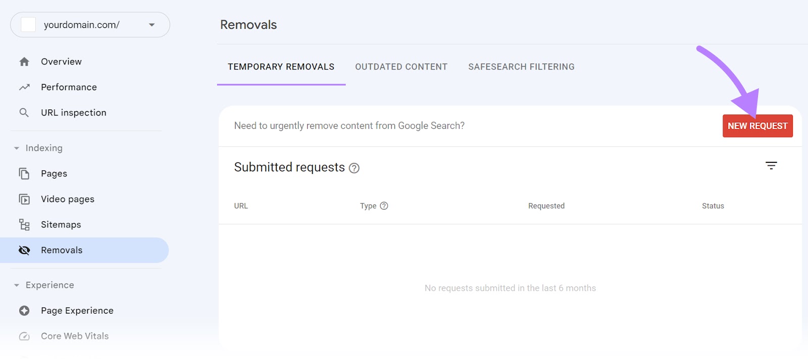 "New Request” button highlighted on the "Removals" page