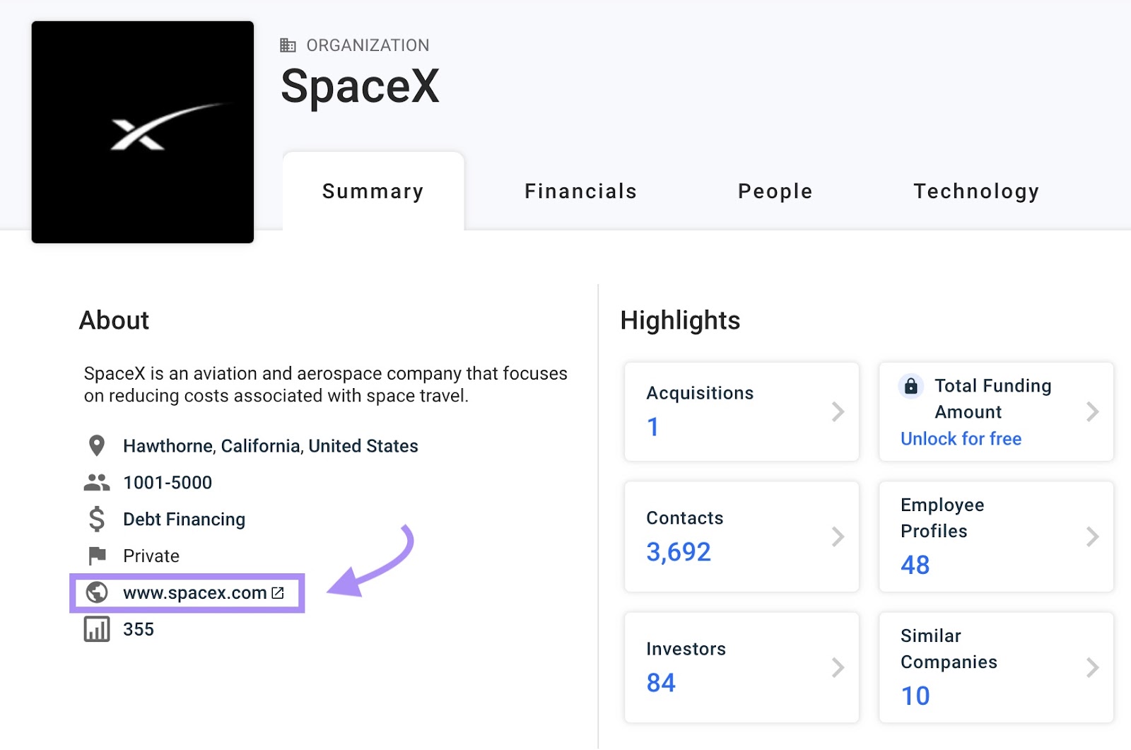 SpaceX's profile on Crunchbase links to "www.spacex.com"