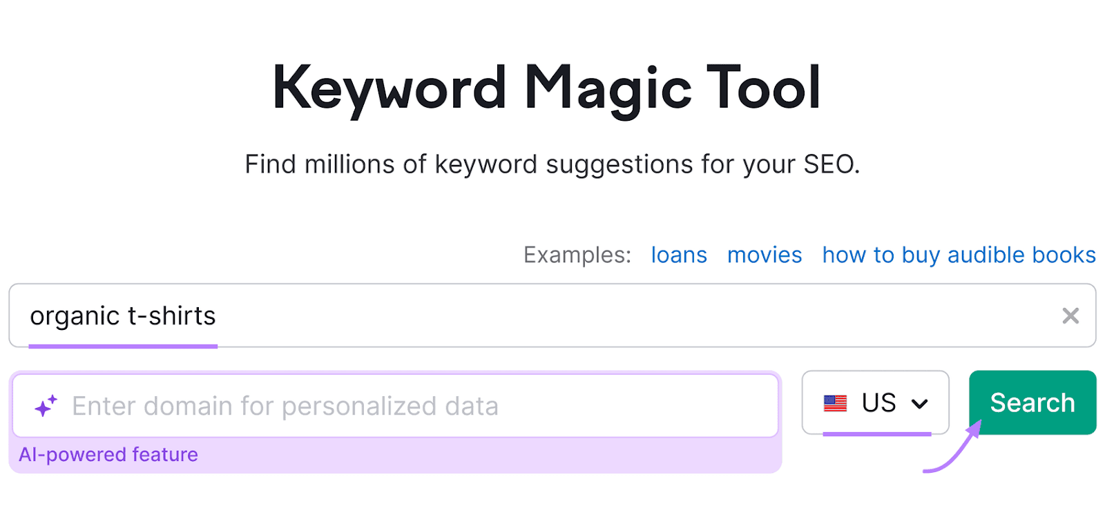 Keyword Magic Tool hunt  interface with the hunt  word  "organic t-shirts" entered and highlighted successful  purple.