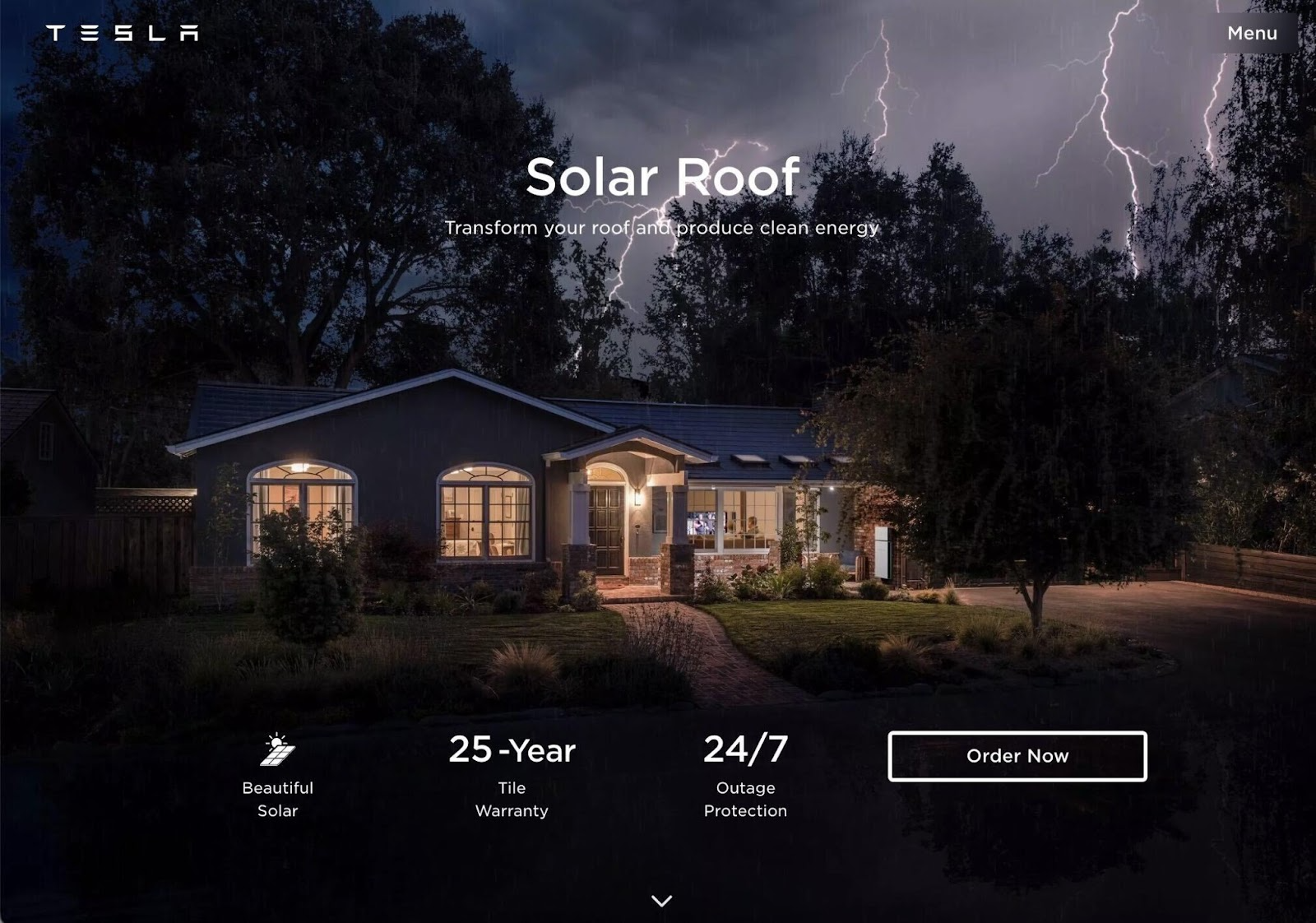 Tesla's solar roof landing page with an image of a house going through a lightning storm