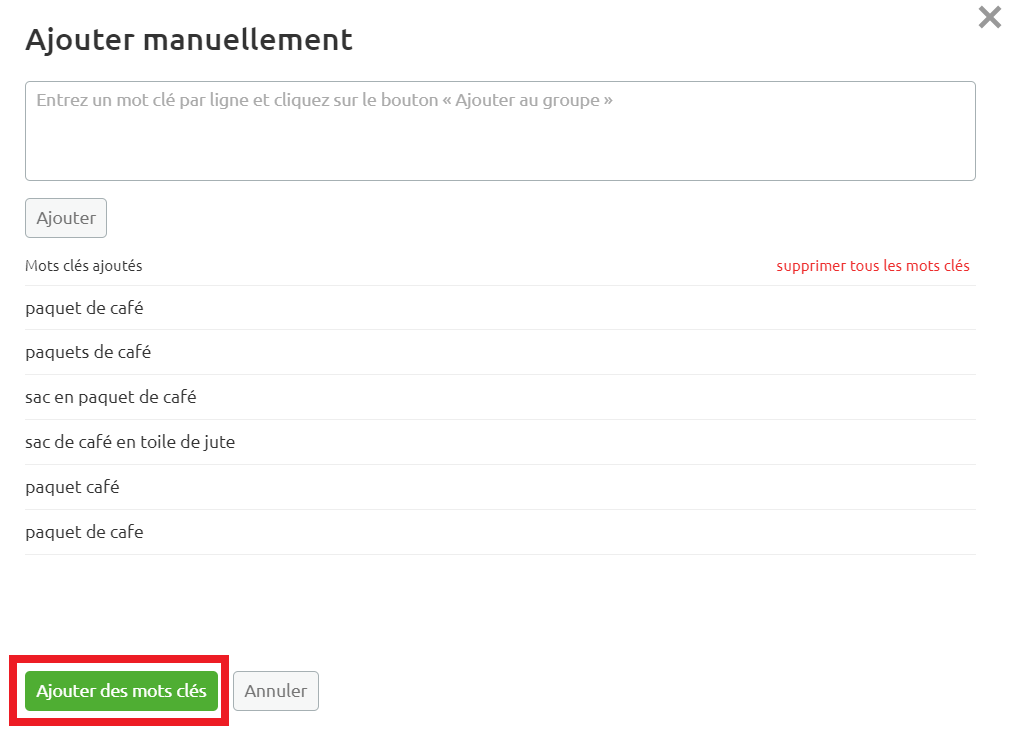 PPC Keyword Tool - ajouter manuellement, troisième étape