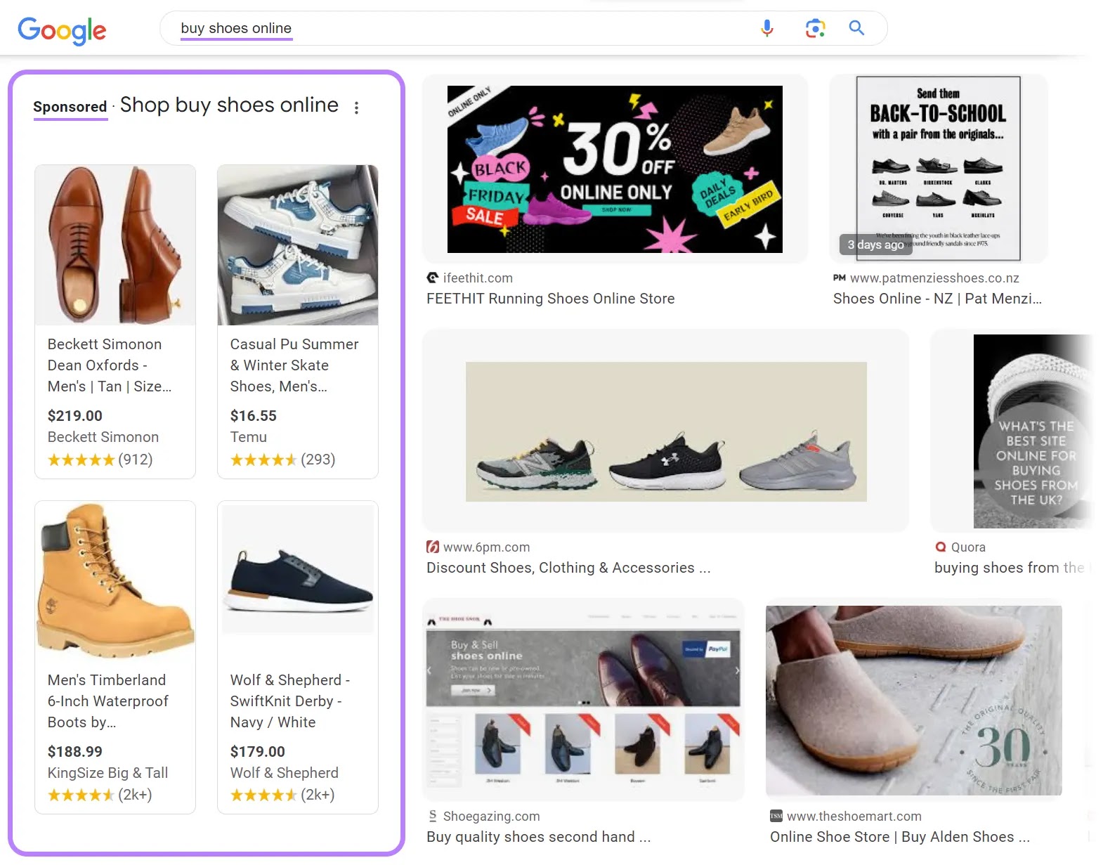 PLAs alongside image search results for "buy shoes online"