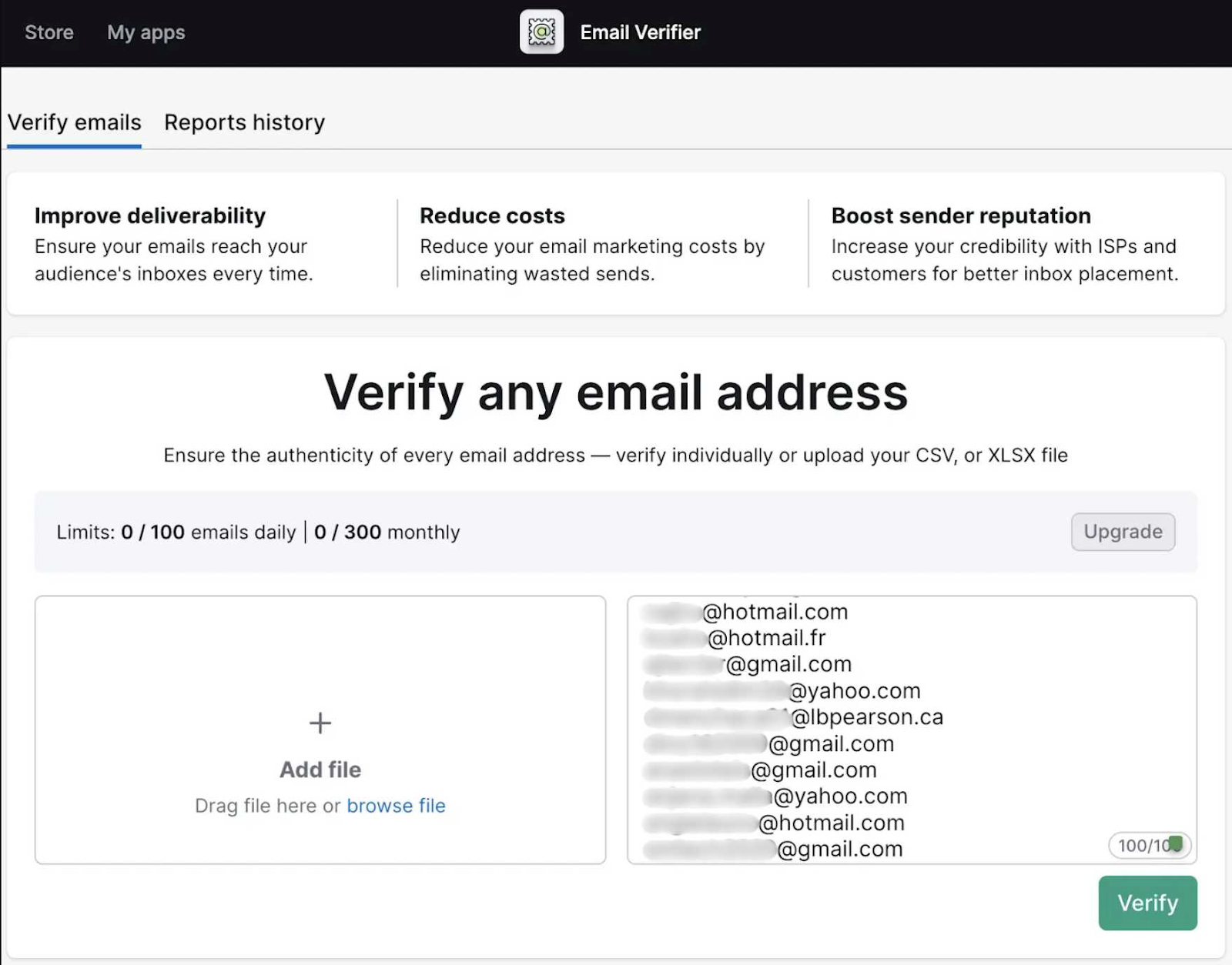 Email Verifier tool showing the ability to bulk verify email addresses.