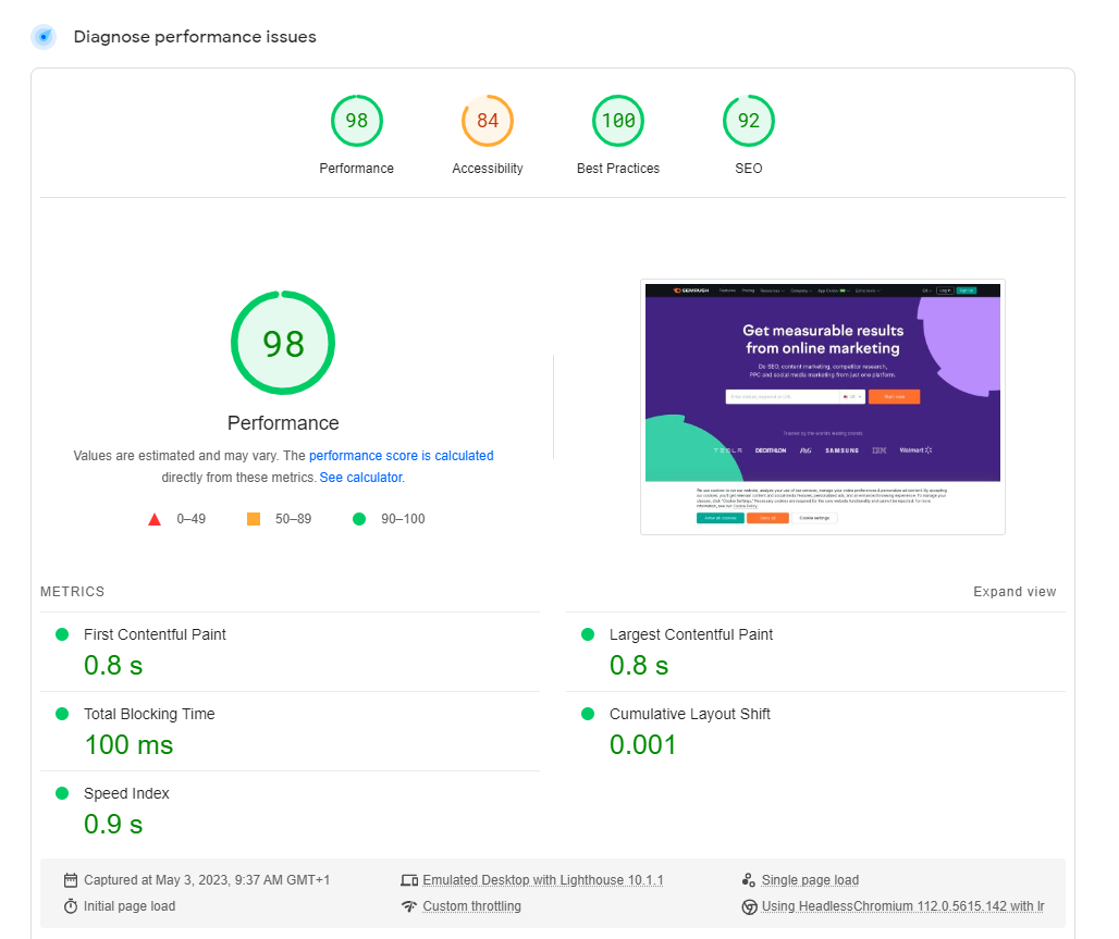 Google's assessment page showing a performance score of 98