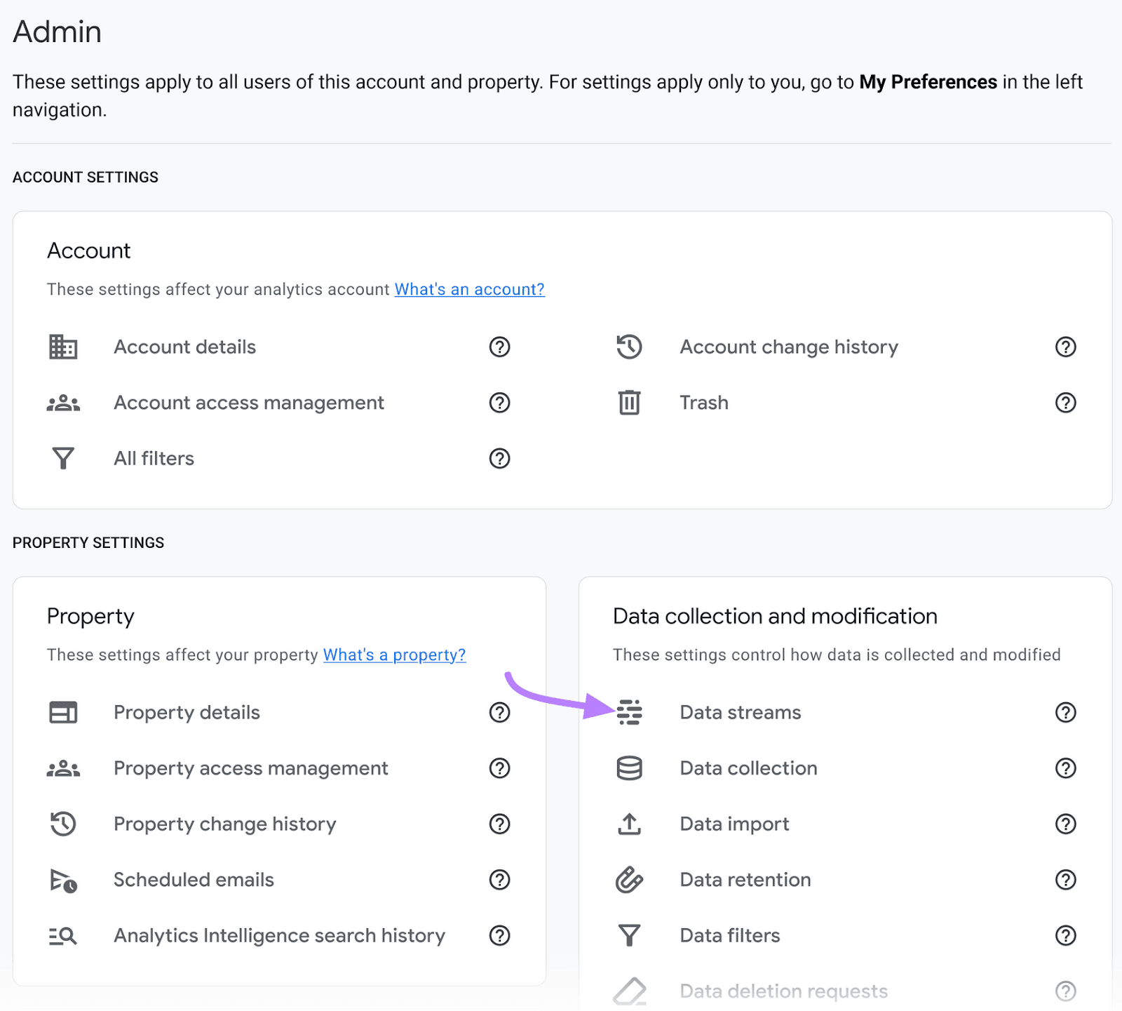 “Data streams” selected from the GA4 "Admin" dashboard