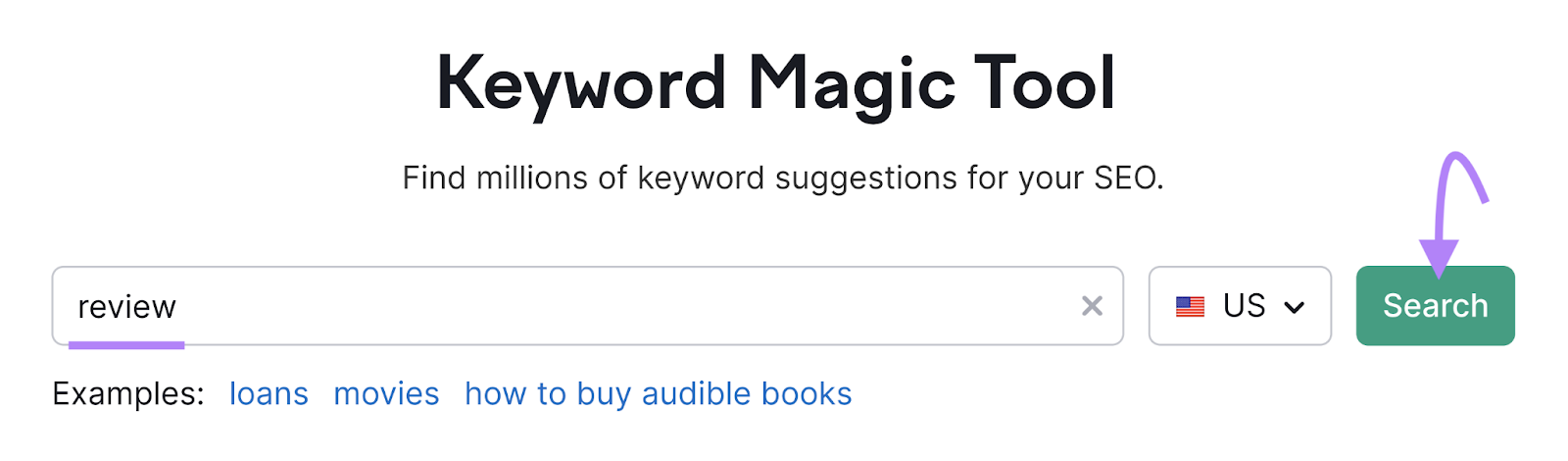 "review" seed keyword entered into the Keyword Magic Tool search bar