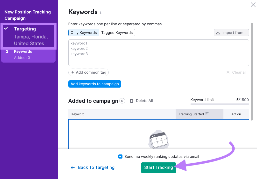 "Keywords" window opened in Position Tracking settings