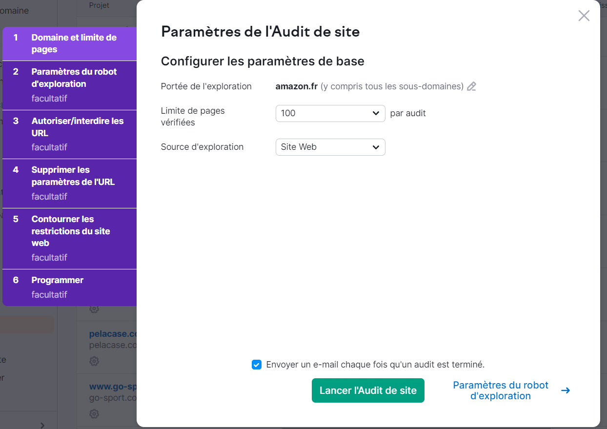 Paramètres pour Audit de site de Semrush