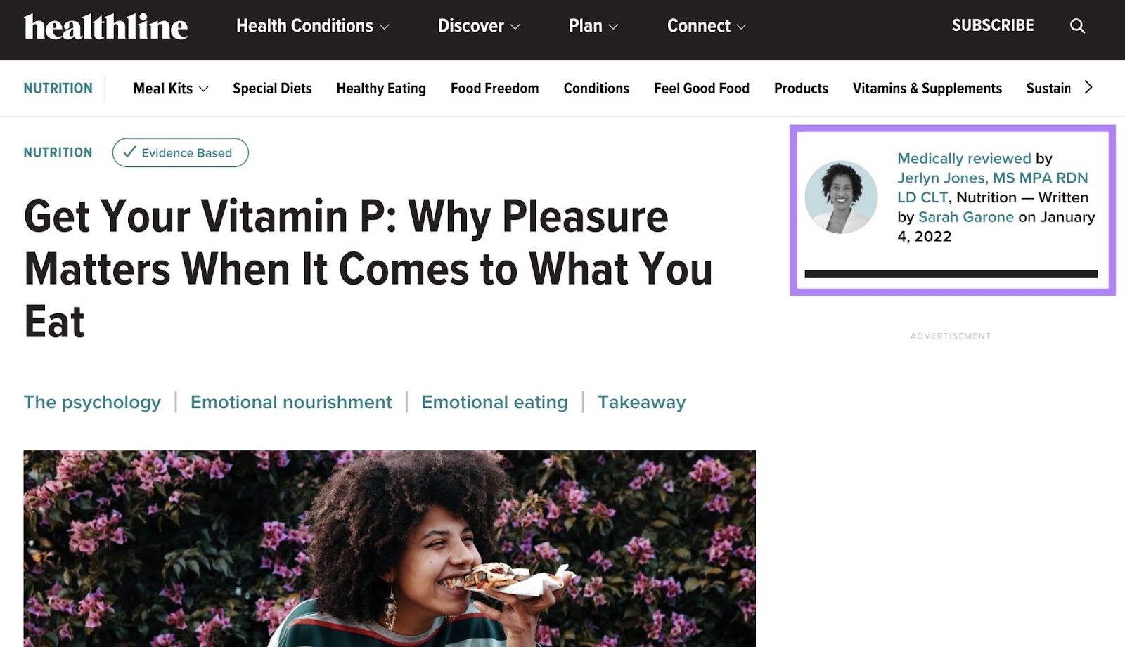 A blog post by Healthline with the "Reviewed by" section on the top-right showcasing the reviewer's qualifications highlighted.