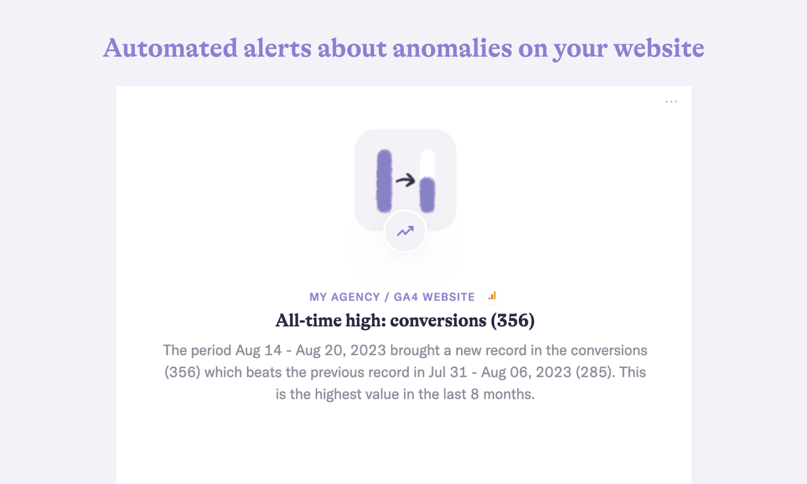 "Automated alerts about anomalies on your website" window