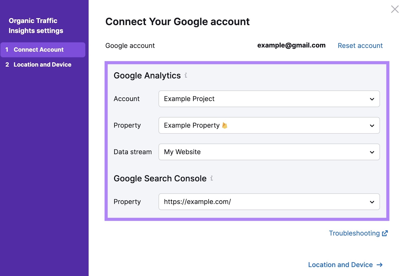 Settings page to choose Google Analytics and Google Search Console properties to connect with Organic traffic insights.