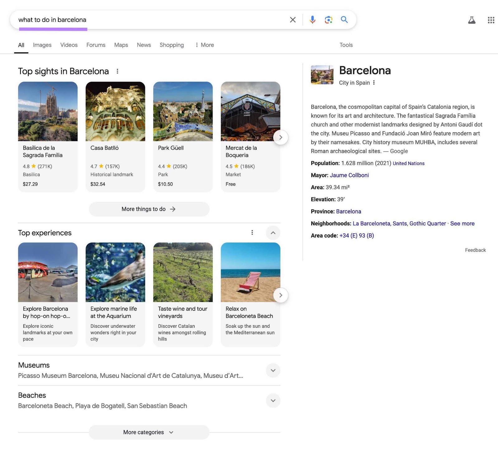 SERP on Google for the query "what to do in barcelona" showing rich feature sections like top sights, top experiences, a knowledge graph, etc.