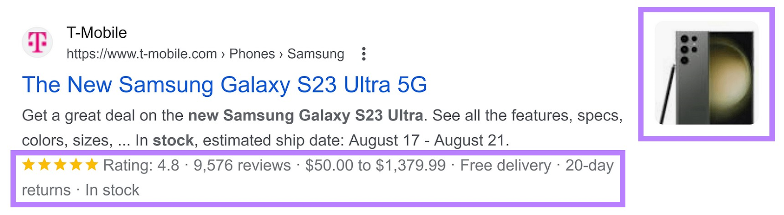 un ejemplo de fragmento enriquecido que muestra la valoración, el número de opiniones, el precio, la entrega gratuita y las devoluciones para "El nuevo Samsung Galaxy S23 Ultra 5G" de T-Mobile