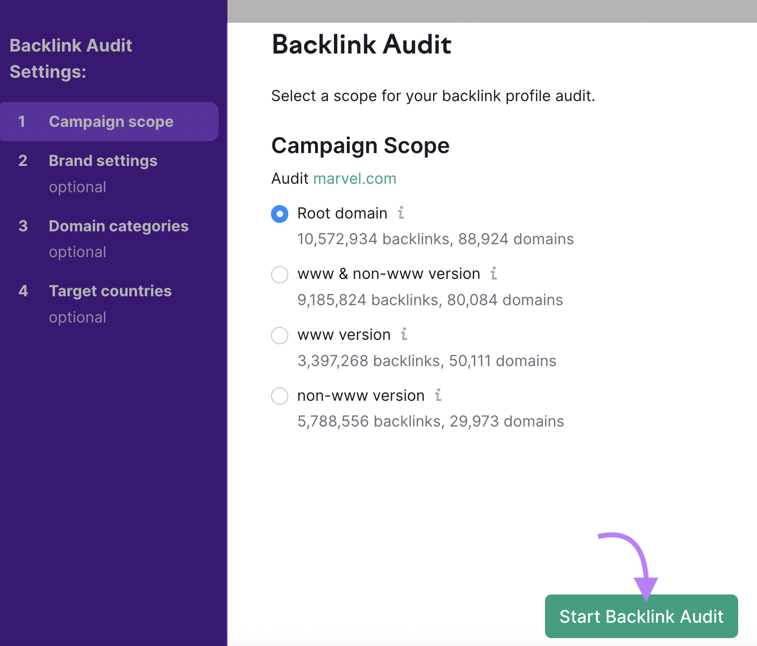 Backlink Audit Settings page