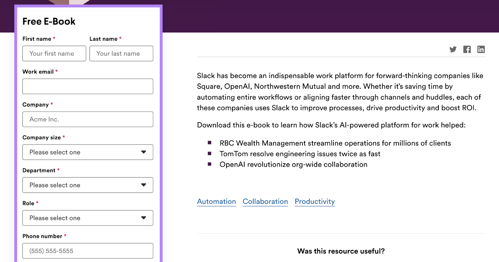 slack's free e-book gated content form helps with lead generation