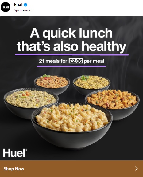 Huel's "A quick lunch that's also healthy" ad copy