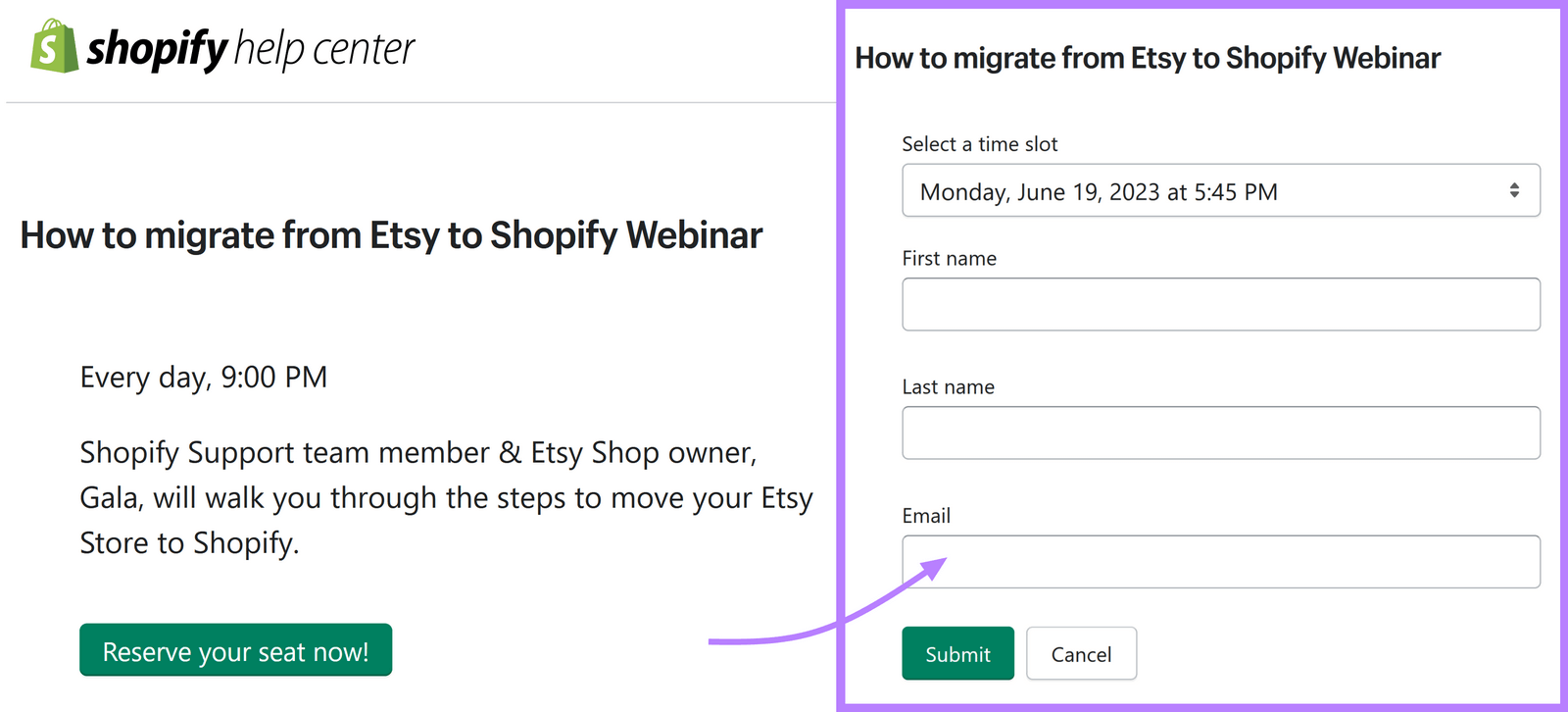 an example of form to parti،te in webinar by S،pify