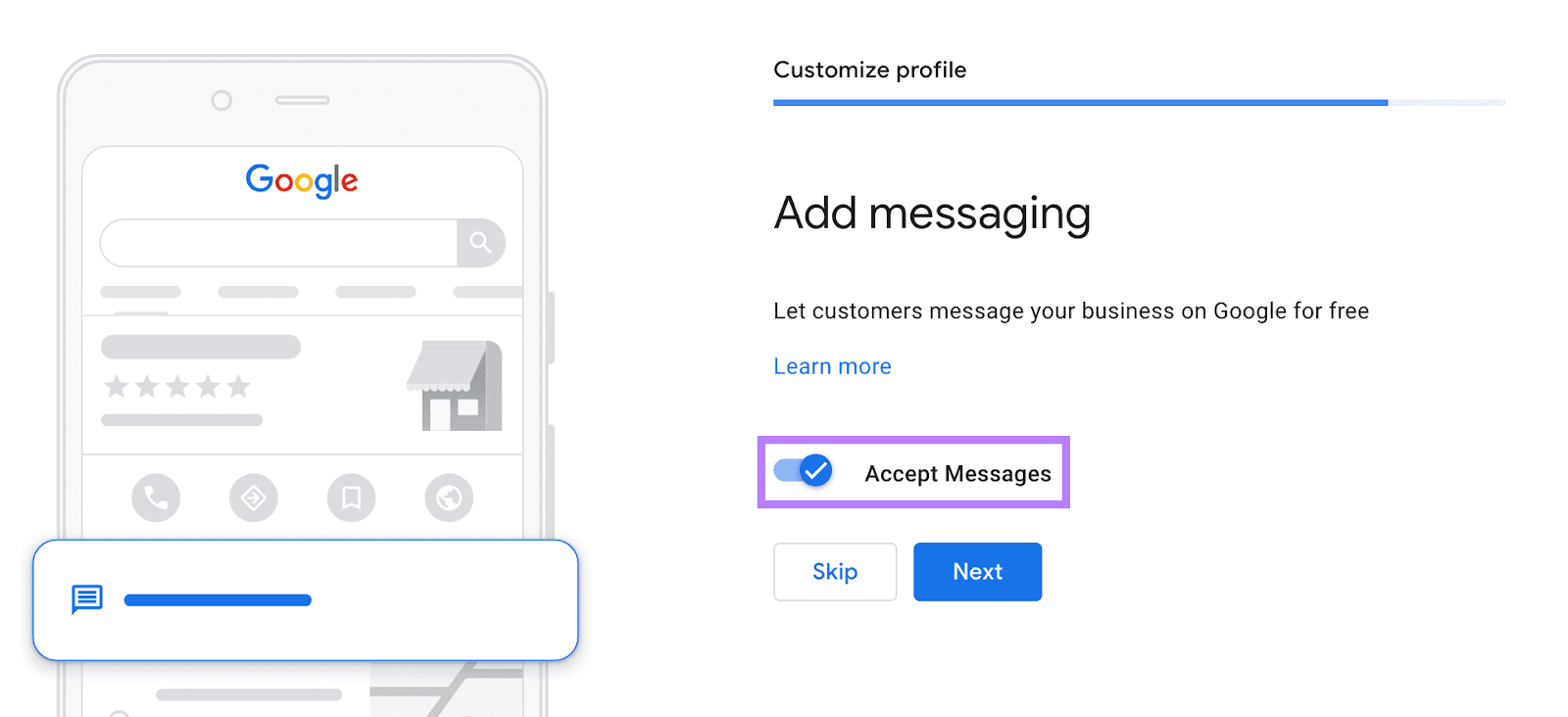 "Add messaging" window in Google Business Profile settings
