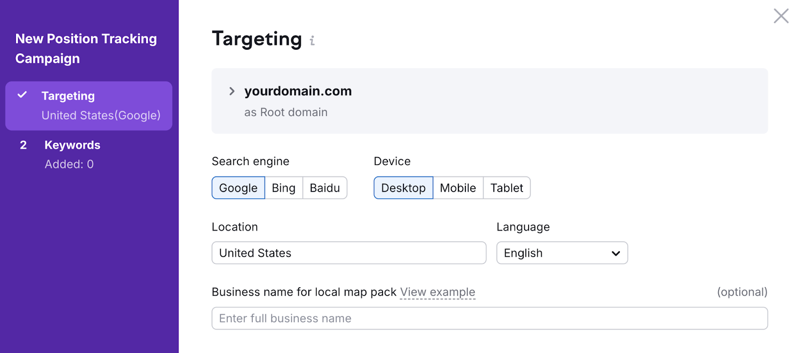 targeting setup screen