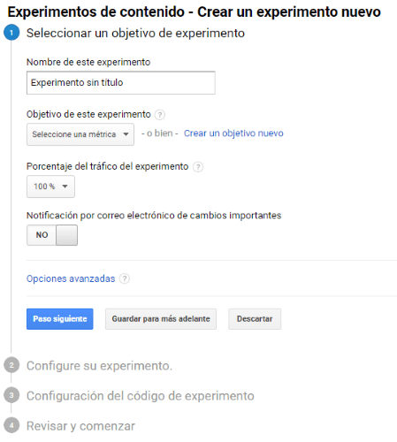 Pasos para crear un experimento en Google Analytics