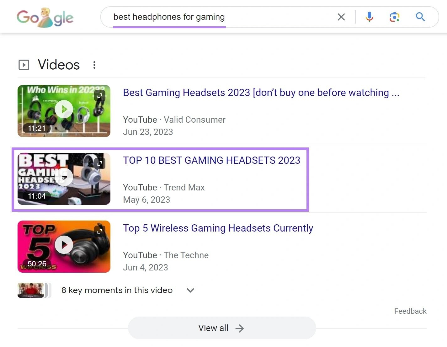 Google results for "best headphones for gaming"