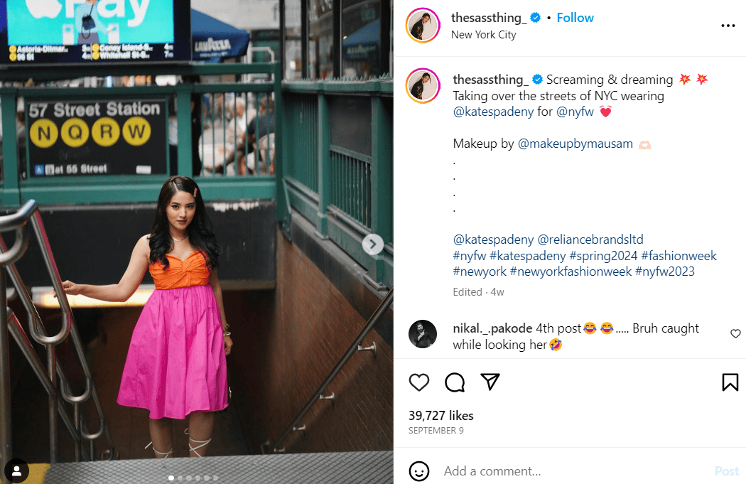 thesassthing's Instagram post of an influencer wearing @catespadeny in New York metro