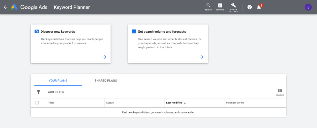 keyword planner options