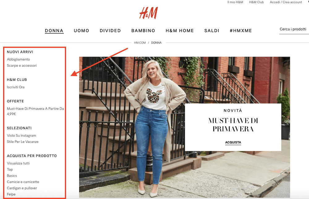 Il menu laterale dell'e-commerce di HM che semplifica la navigazione nel sito