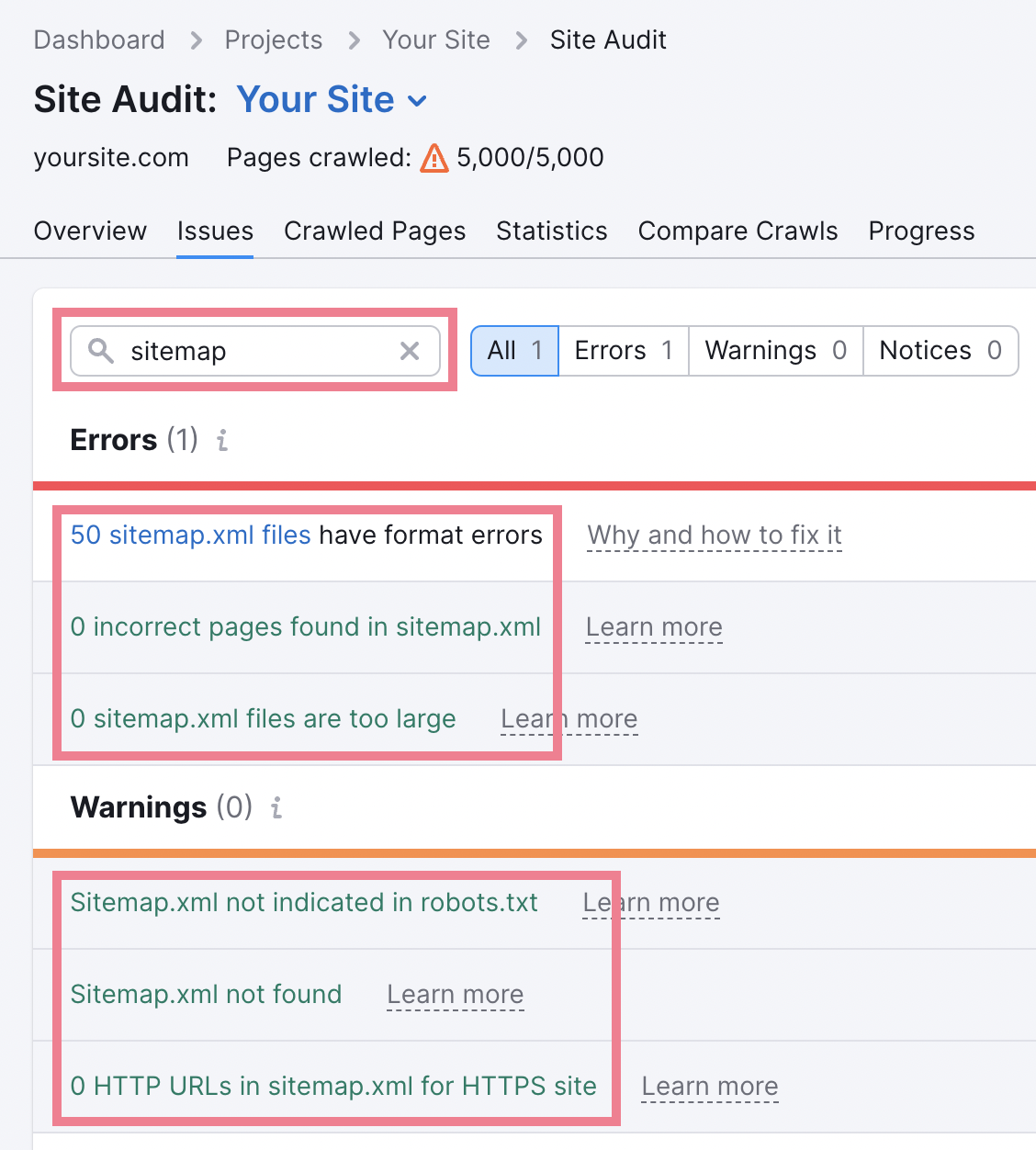 XML sitemap errors in site audit tool