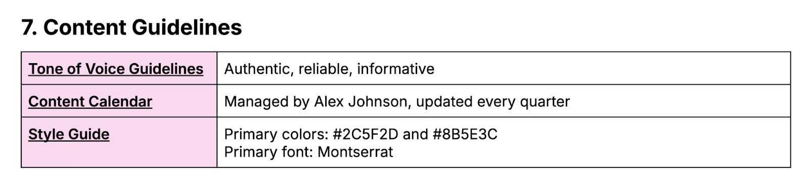 content guidelines section of the content strategy template
