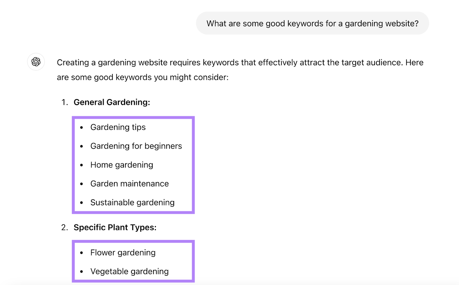 keyword ideas include gardening tips, gardening for beginners, sustainable gardening, and more