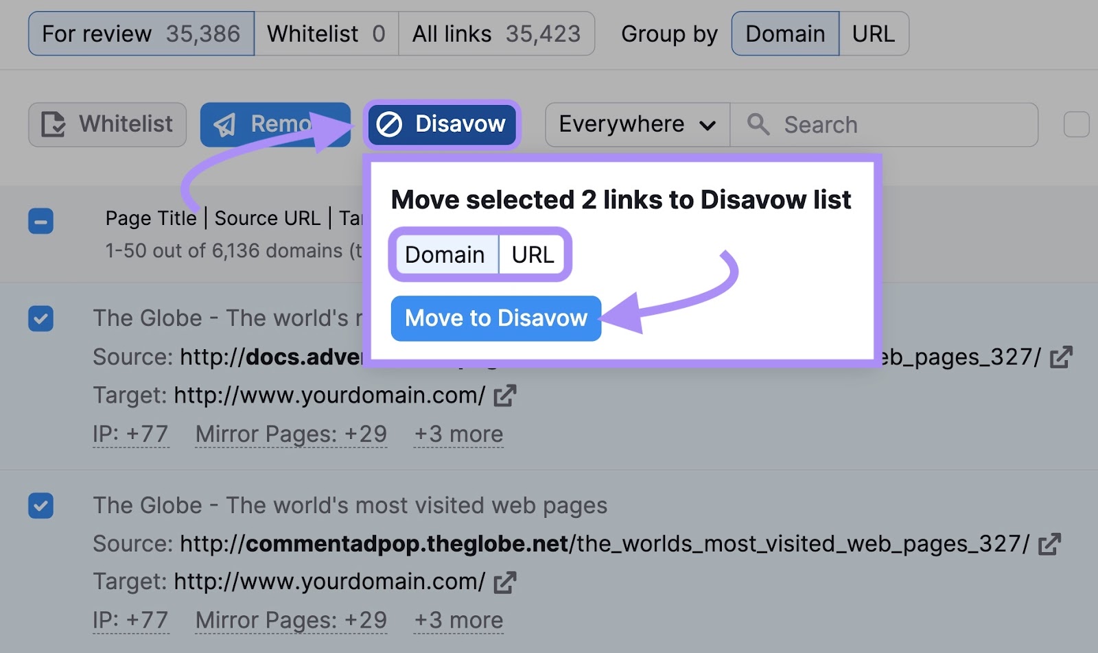 Move selected links to Disavow successful  Backlink Audit