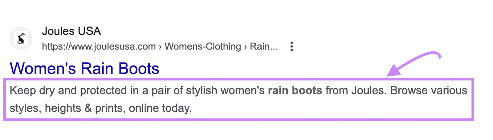 A meta description on SERP that reads "Keep dry and protected in a pair of stylish women's rain boots from Joules. Browse various styles, heights & prints, online today."