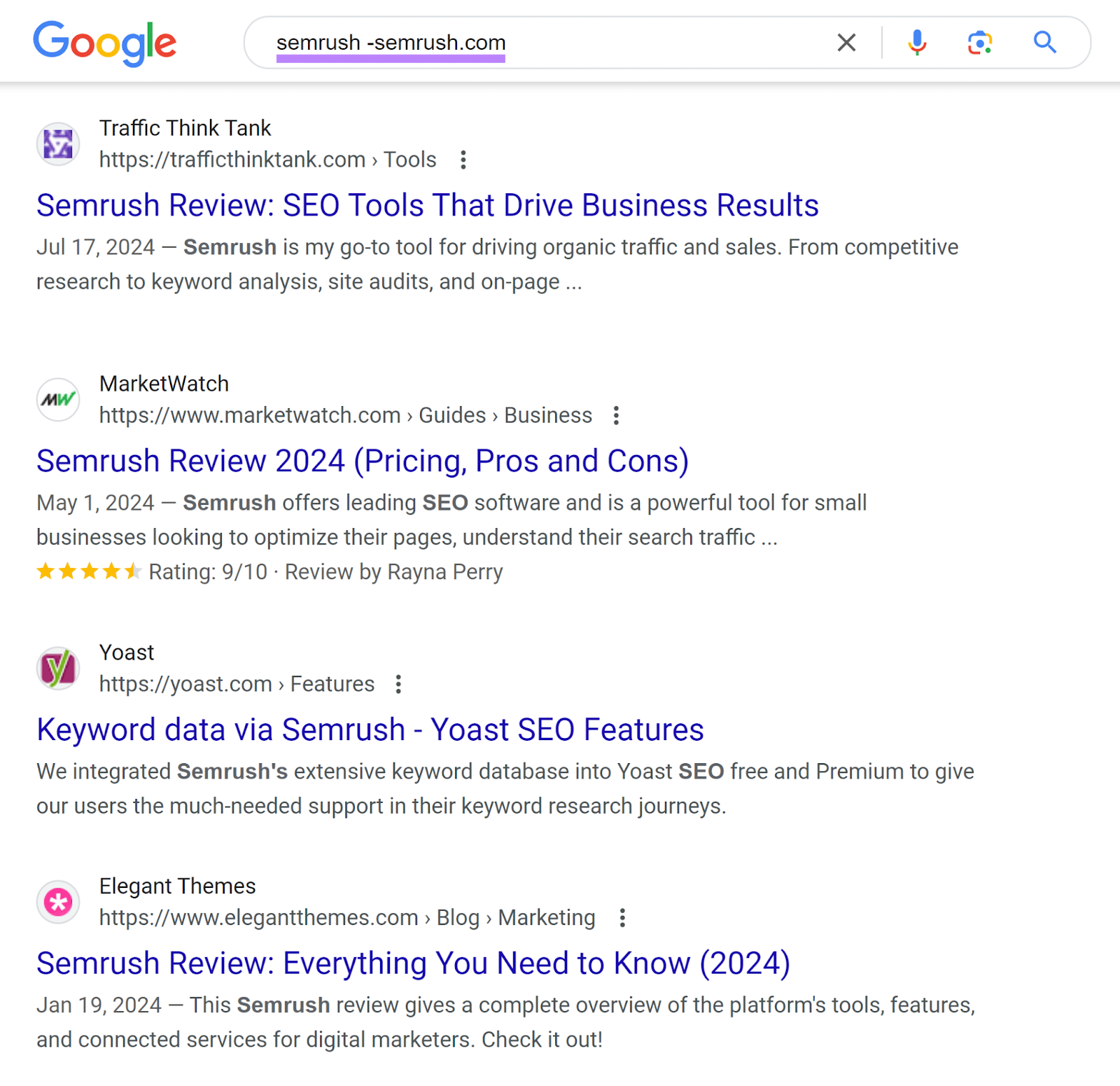 Google SERP for 'semrush -semrush.com' showing brand mentions