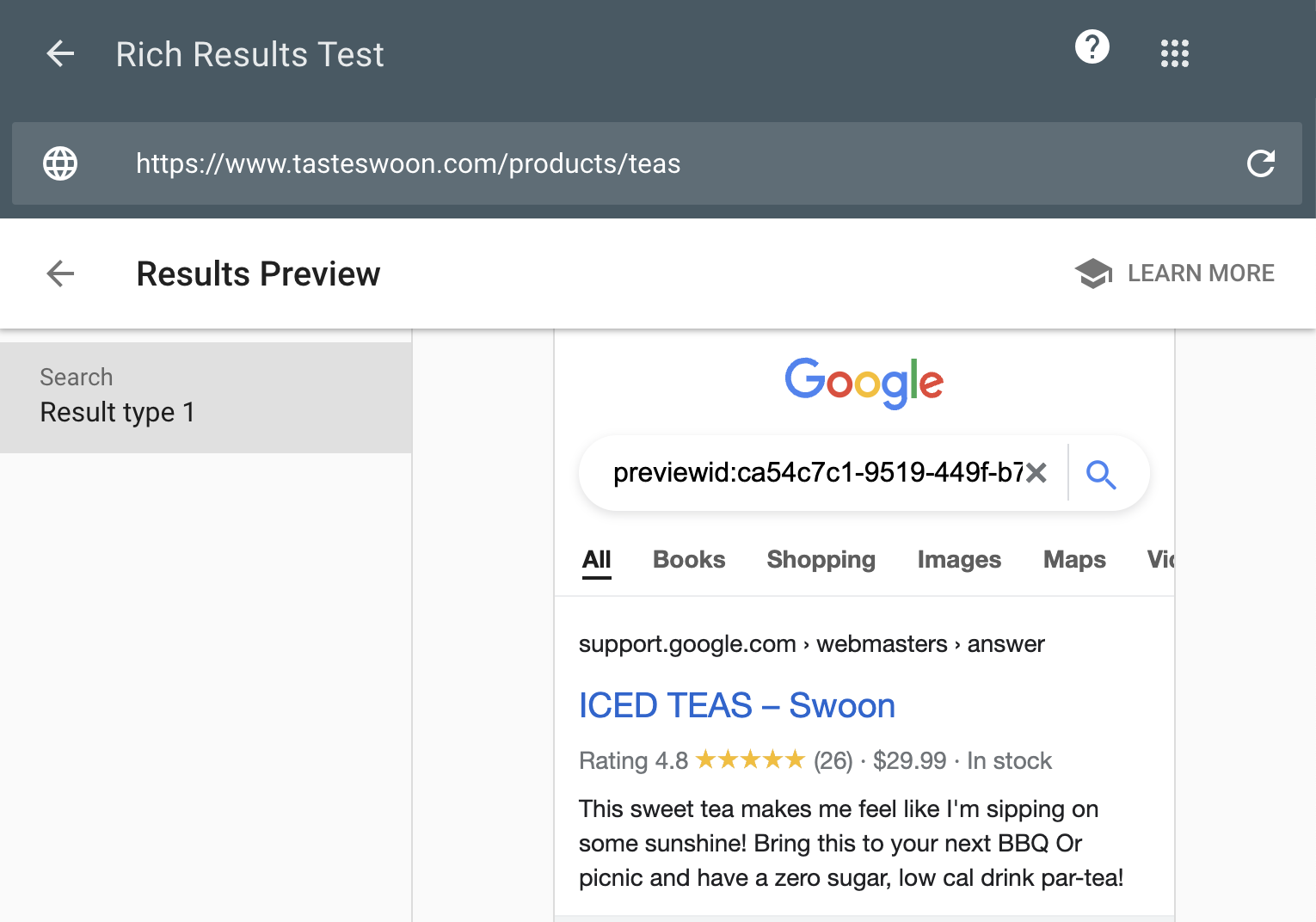 example results preview shows star rating, number of reviews, price, and stock status