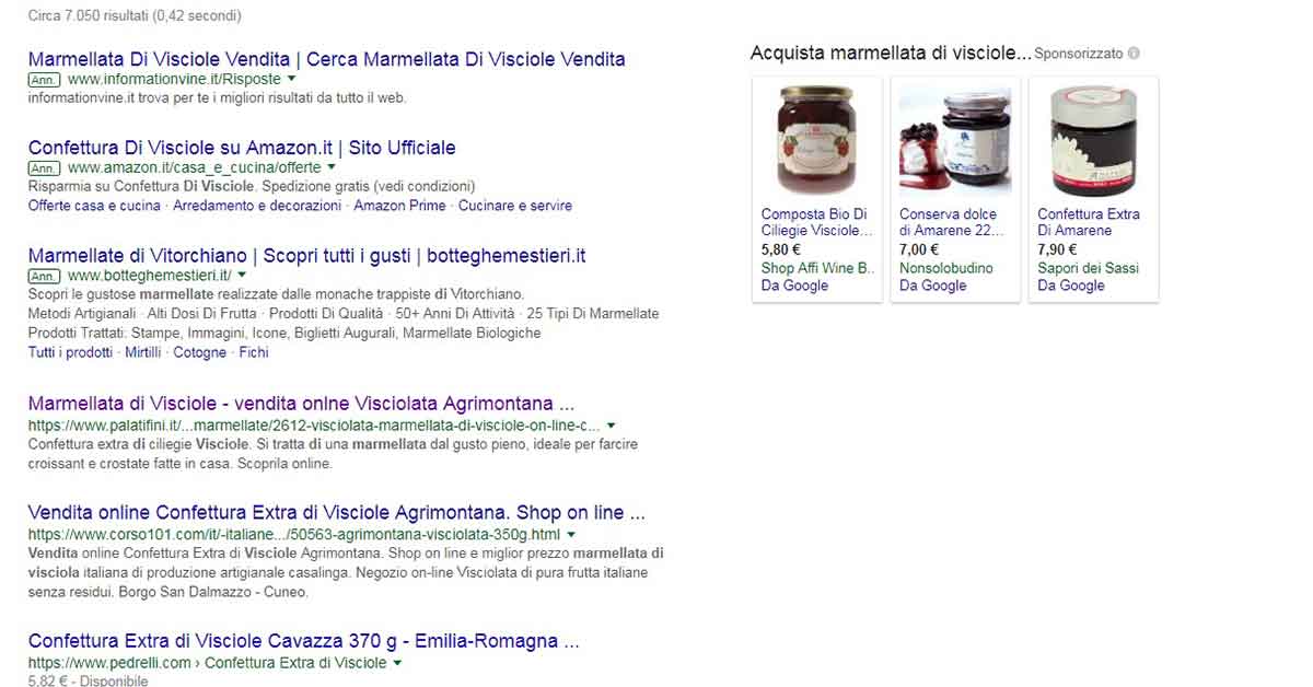 Intenti commerciali di una keyword: esempio pagina di ricerca di Google