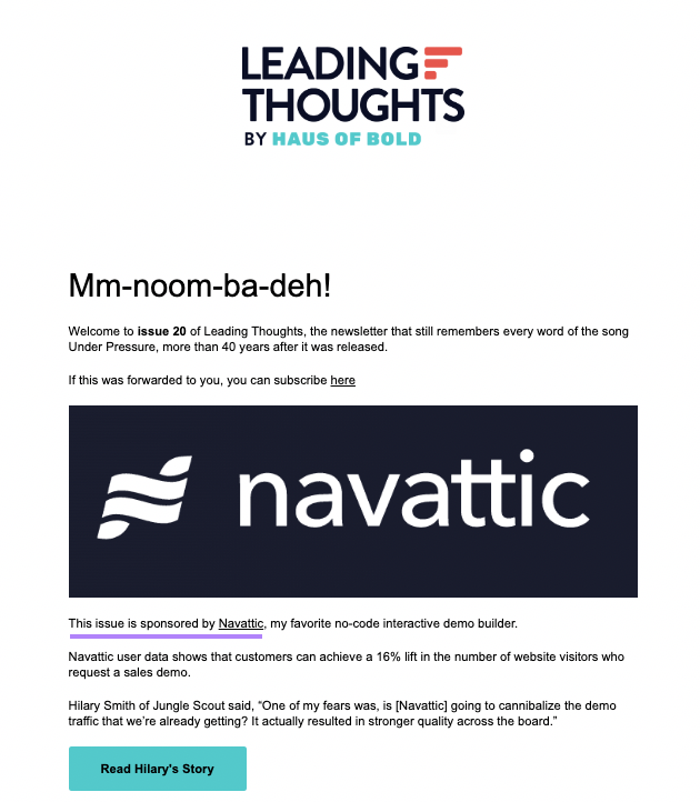 Leading Thoughts email sponsored by Navattic with large black and white Navattic logo in the center