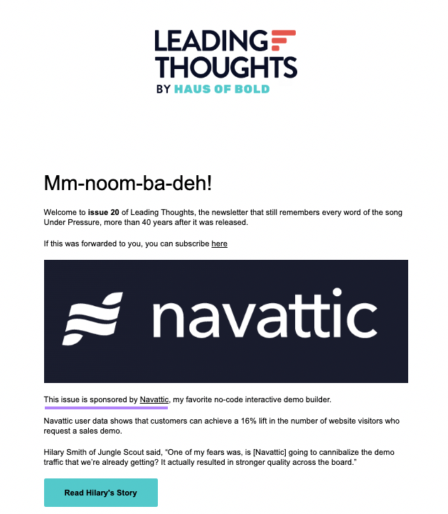 Leading Thoughts email sponsored by Navattic with ample  achromatic  and achromatic  Navattic logo successful  the center