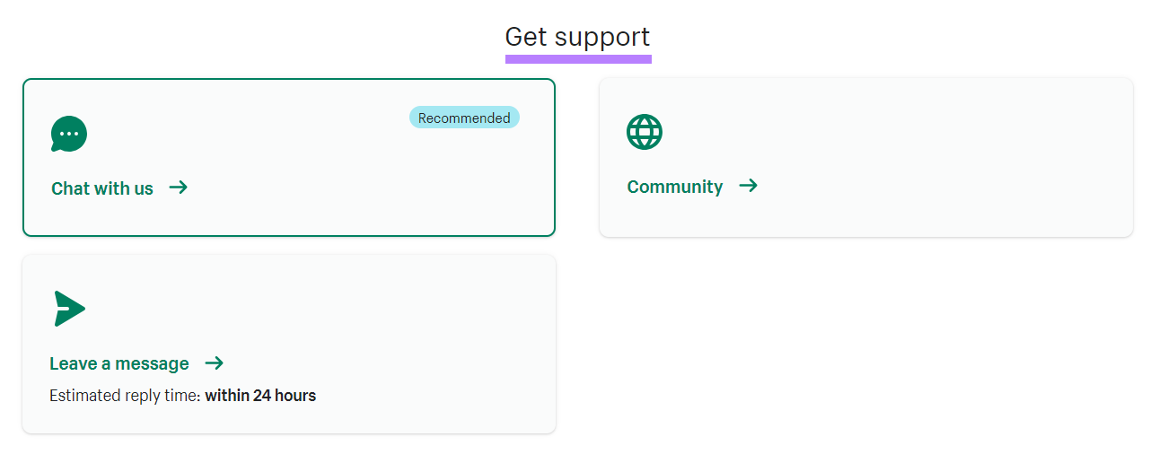 Shopify’s "Get support" page