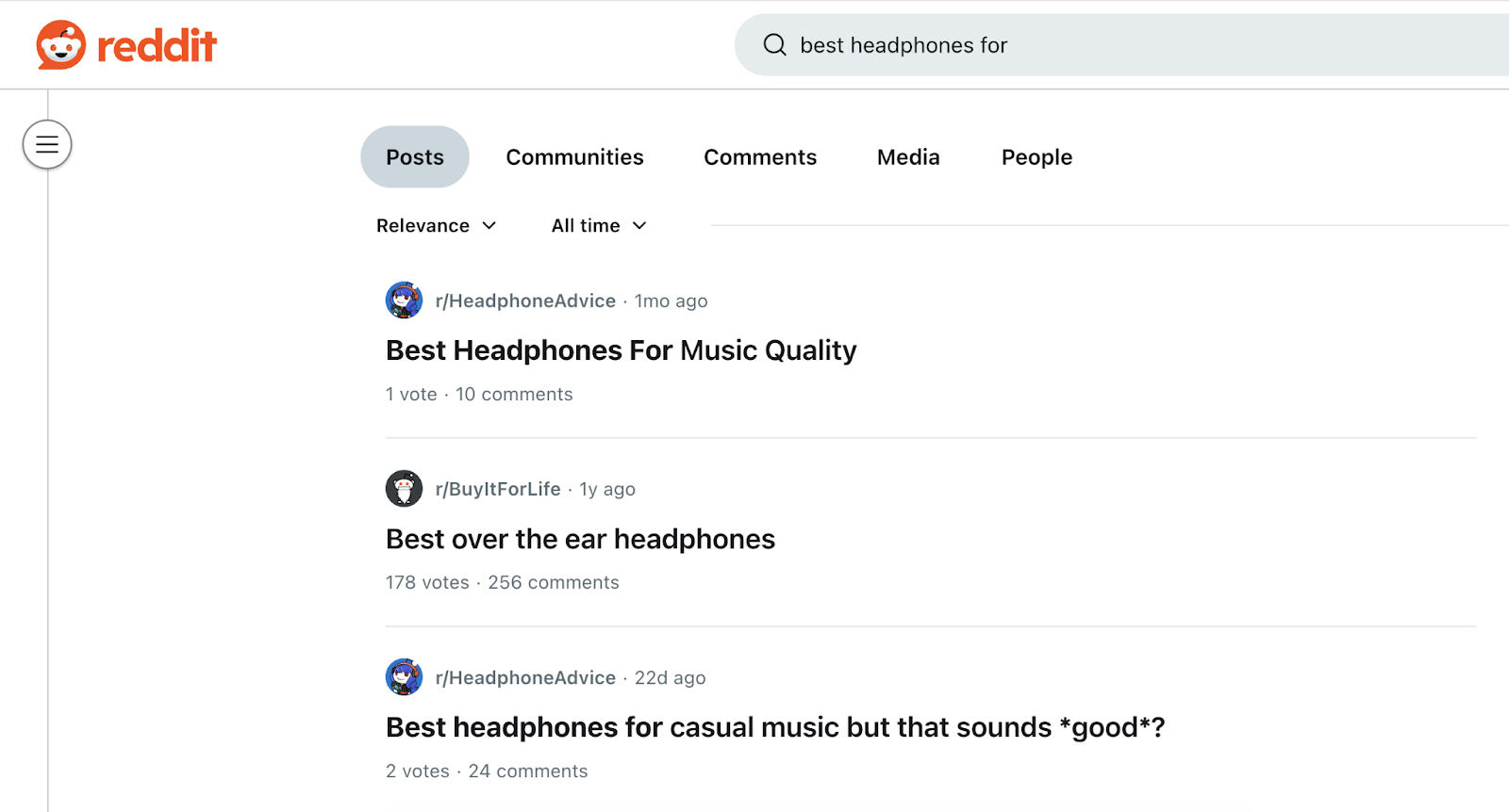 A reddit search begins with "best headphones for" and the results shows related posts.