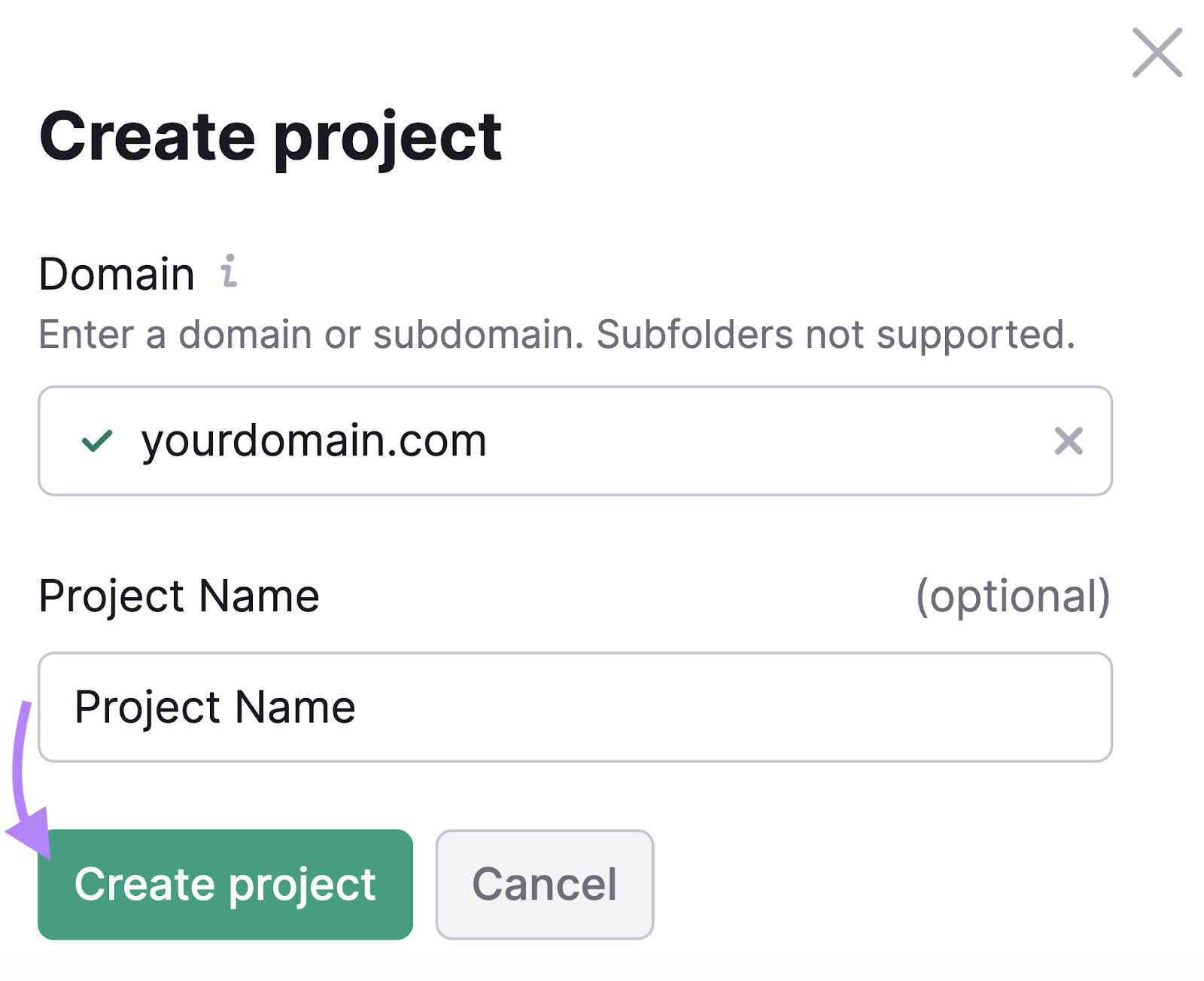 Enter a domain and project name in Site Audit