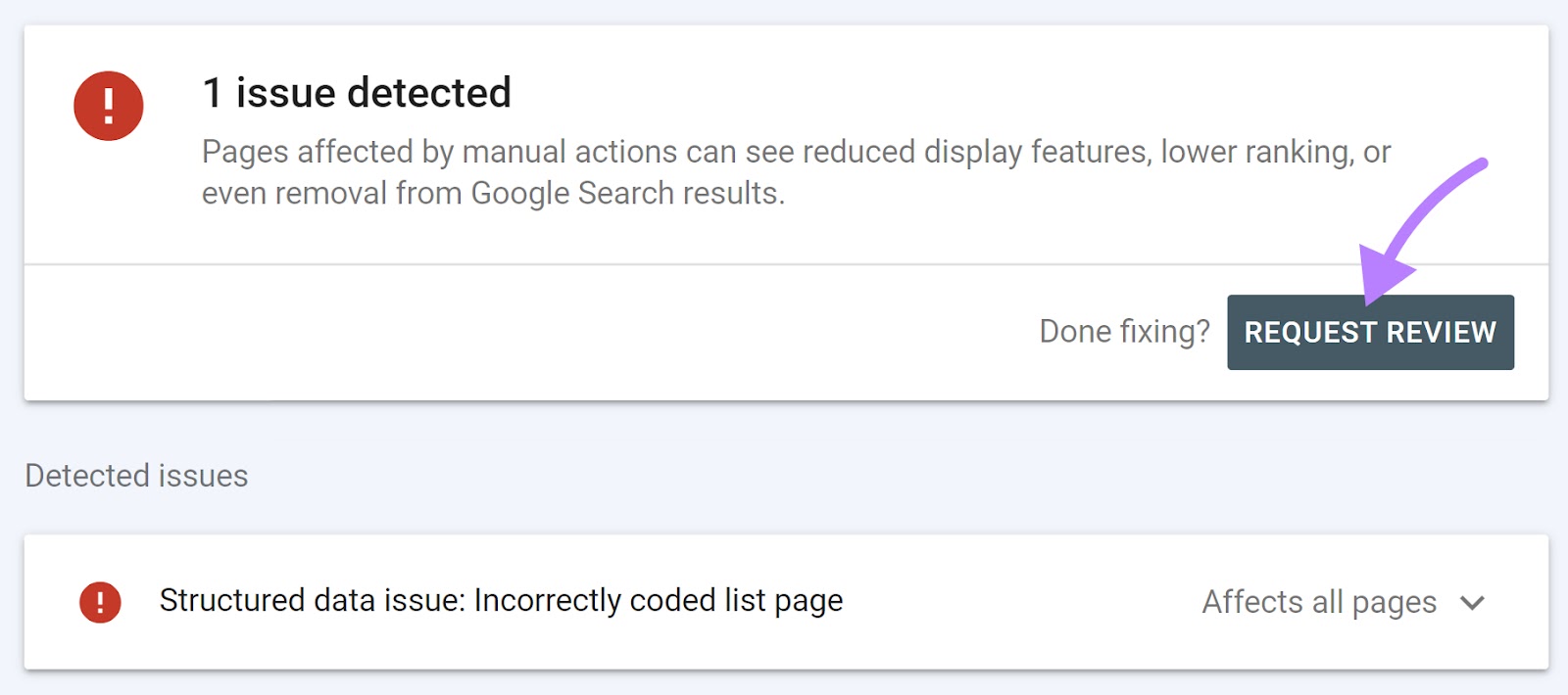 "REQUEST REVIEW" button selected in the “Manual Actions” report
