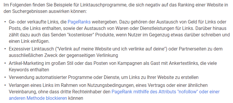 Screenshot: Google-Richtlinien zu Linktauschprogrammen