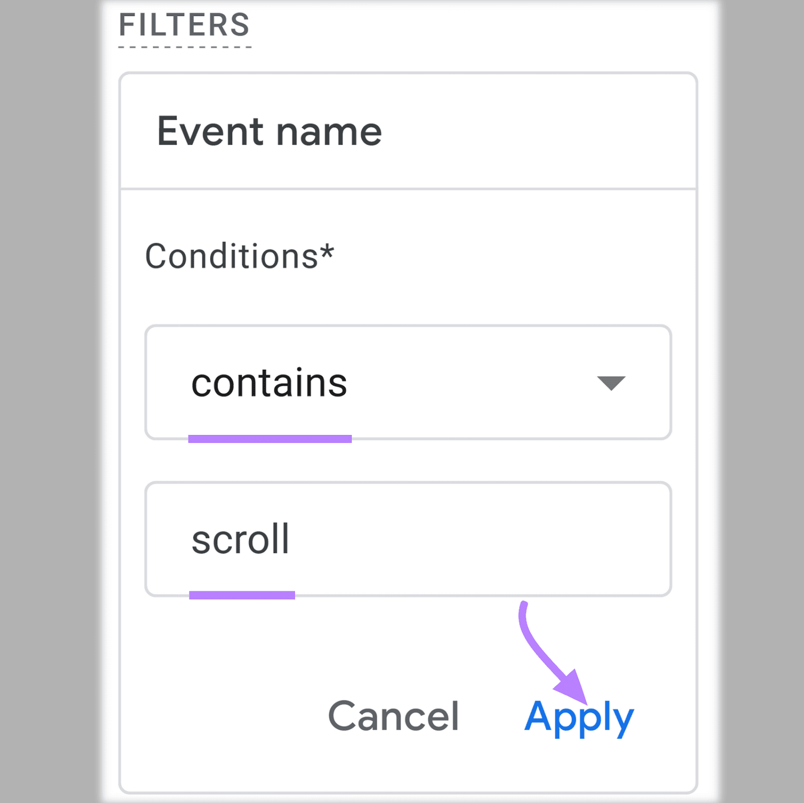 Conditions "contains" "scroll" fields selected under match types