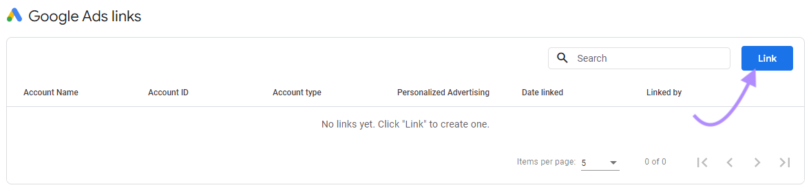 "Google Ads links" section with "Link" button highlighted